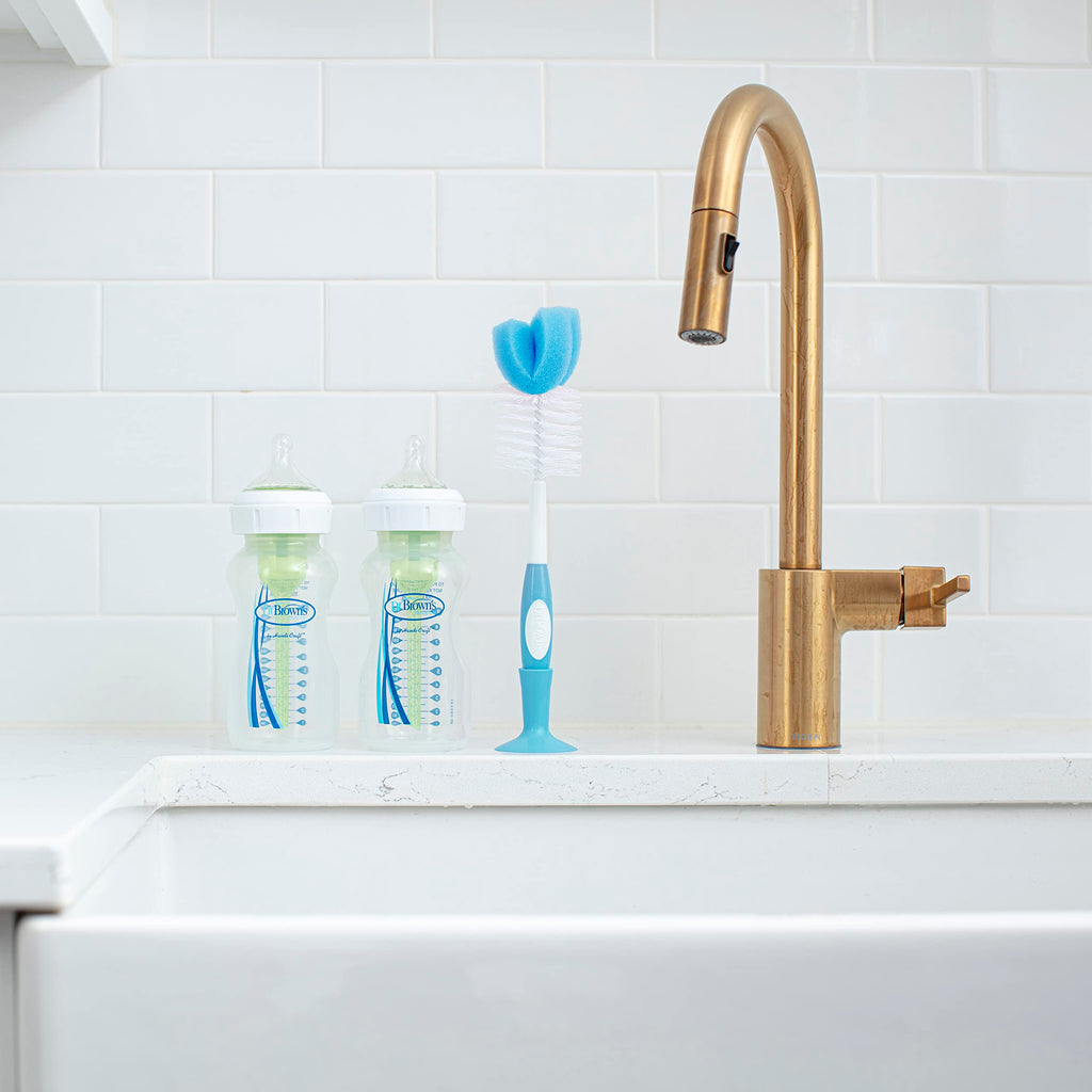 Dr. Brown's Reusable Sponge Baby Bottle Cleaning Brush with Suction Cup Stand, Scrubber and Nipple Cleaner, BPA-Free, Blue, 1-Pack