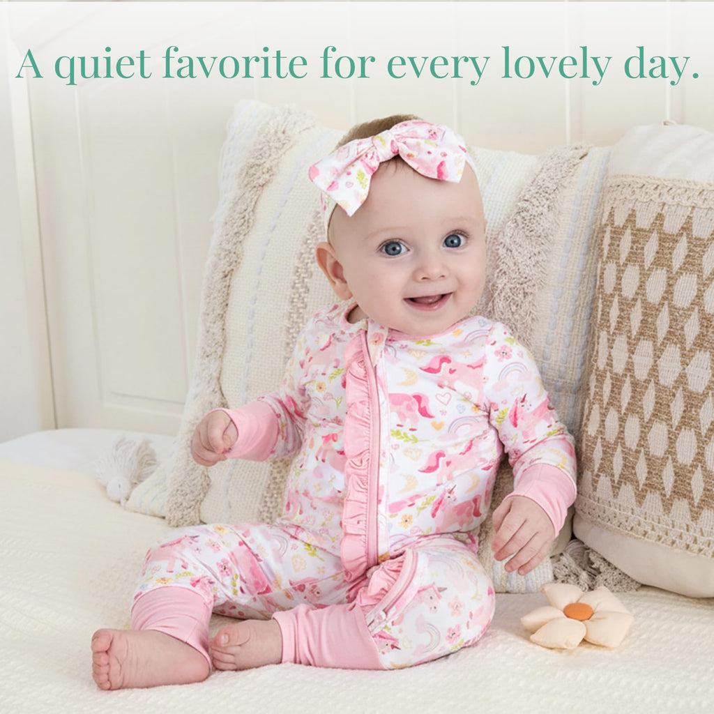 PATPAT Baby Girl Infant Clothes Footie – Soft Viscose from Bamboo, Stretch Feel – 2-Way Ruffled Zipper, Fold-Over Mittens & Cuffs Pink Unicorn 0-3 Months