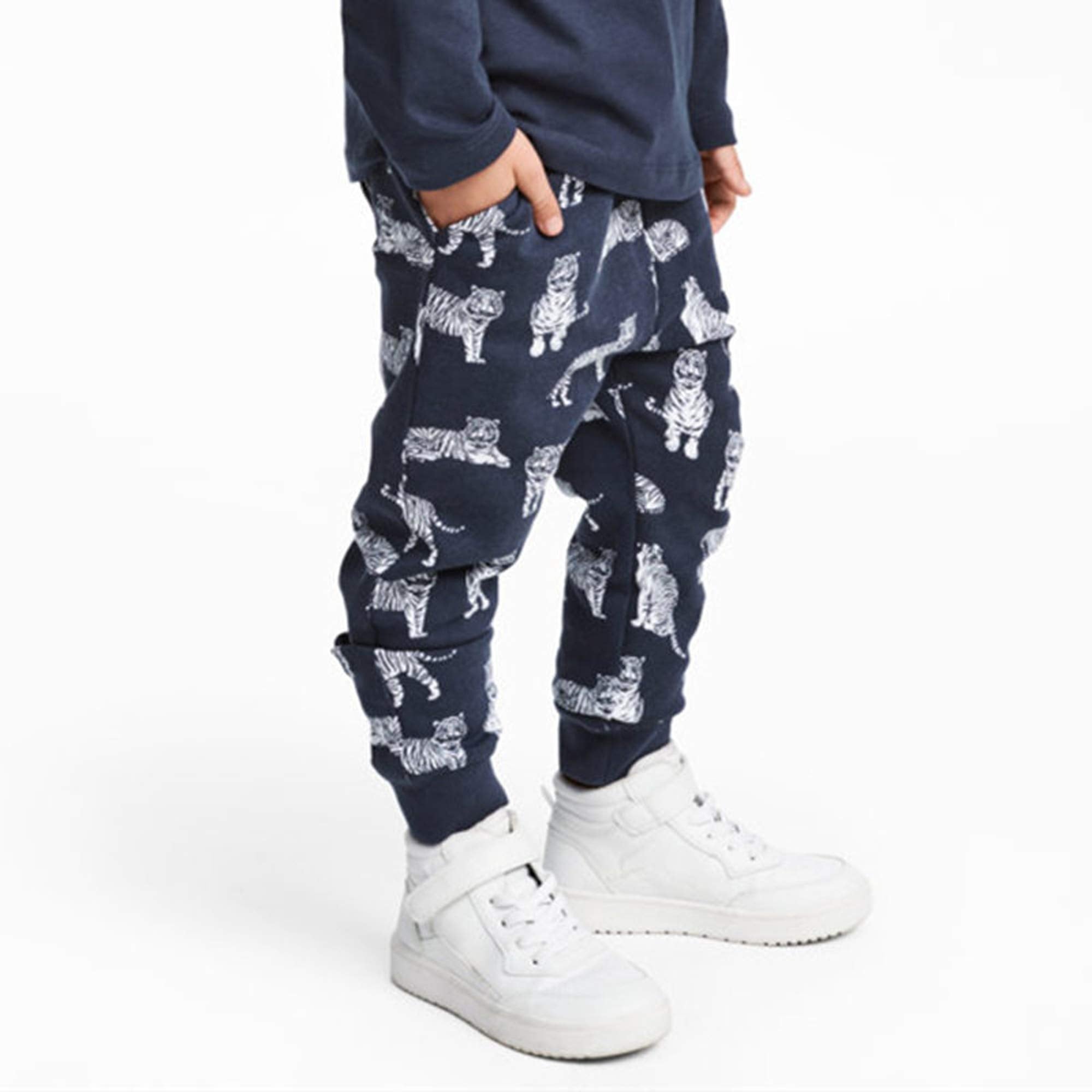 HUAER& Baby Boy's Jogger Pants Dinosaur Car Animal Print Drawstring Elastic Waist Sweatpants Cotton Toddler Athletic Pants 2-PCS((Tiger + Dinosaur,2-3T)