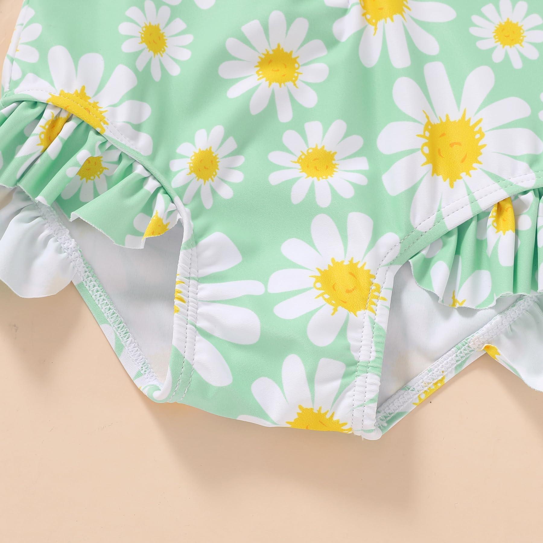 Infant Baby Girl Swimsuit One-Piece Long Sleeve Rash Guard with Hat Set Floral Zipper Bathing Suit Leopard Beach Wear(Green#Daisy, 6-12 Months)