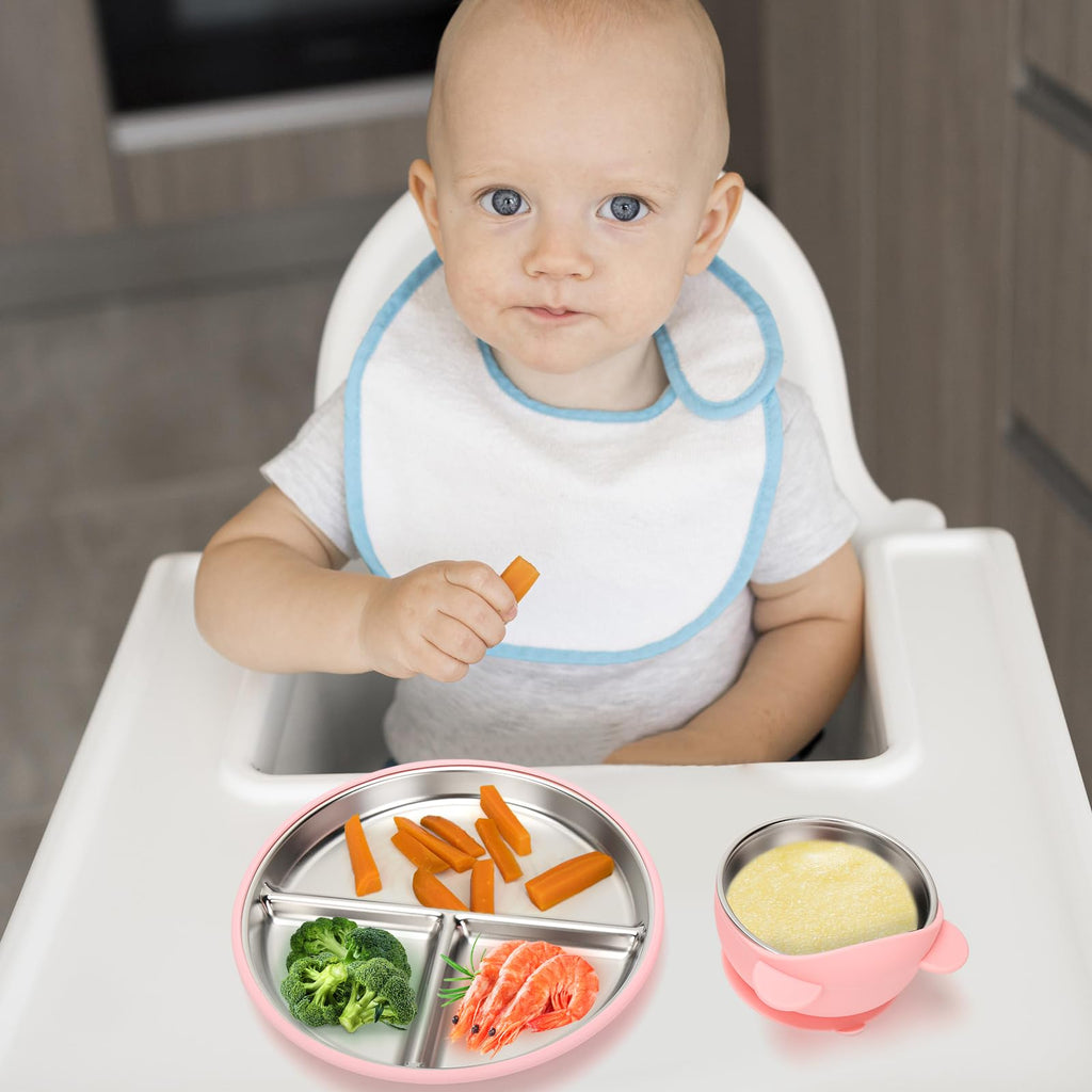 MISSLILI Stainless Steel Baby Plate and Bowls with Suction - 4 Packs