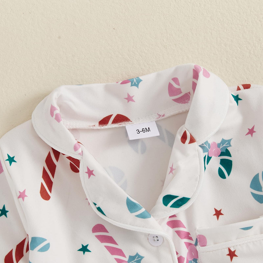 Balaflyie Baby Girl Button Down Pajamas Romper One-Piece Jumpsuit Long Sleeve Sleeper Infant Sleepwear (Candy Cane&White,6-12 Months)