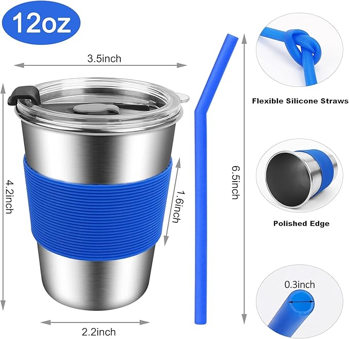 Kids Cups with Straws and Lids, 5 Pack 12oz Spill Proof Toddlers Straws Tumbler with Lids, Stainless Steel Sippy Cups with Lids for School, Outdoor