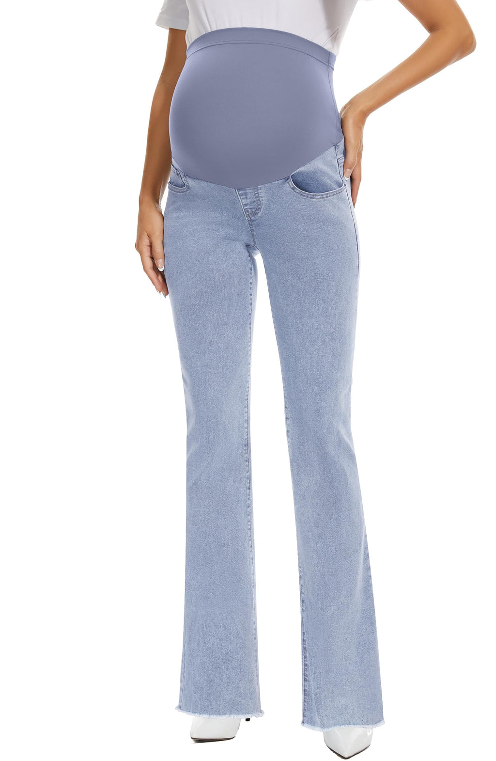 GLAMIX Women's Stretch Maternity Bootcut Jeans with Pockets Over The Belly Bell Bottoms Flare Denim Pants Pregnancy Clothes(Light Blue (Frayed Hem), M)