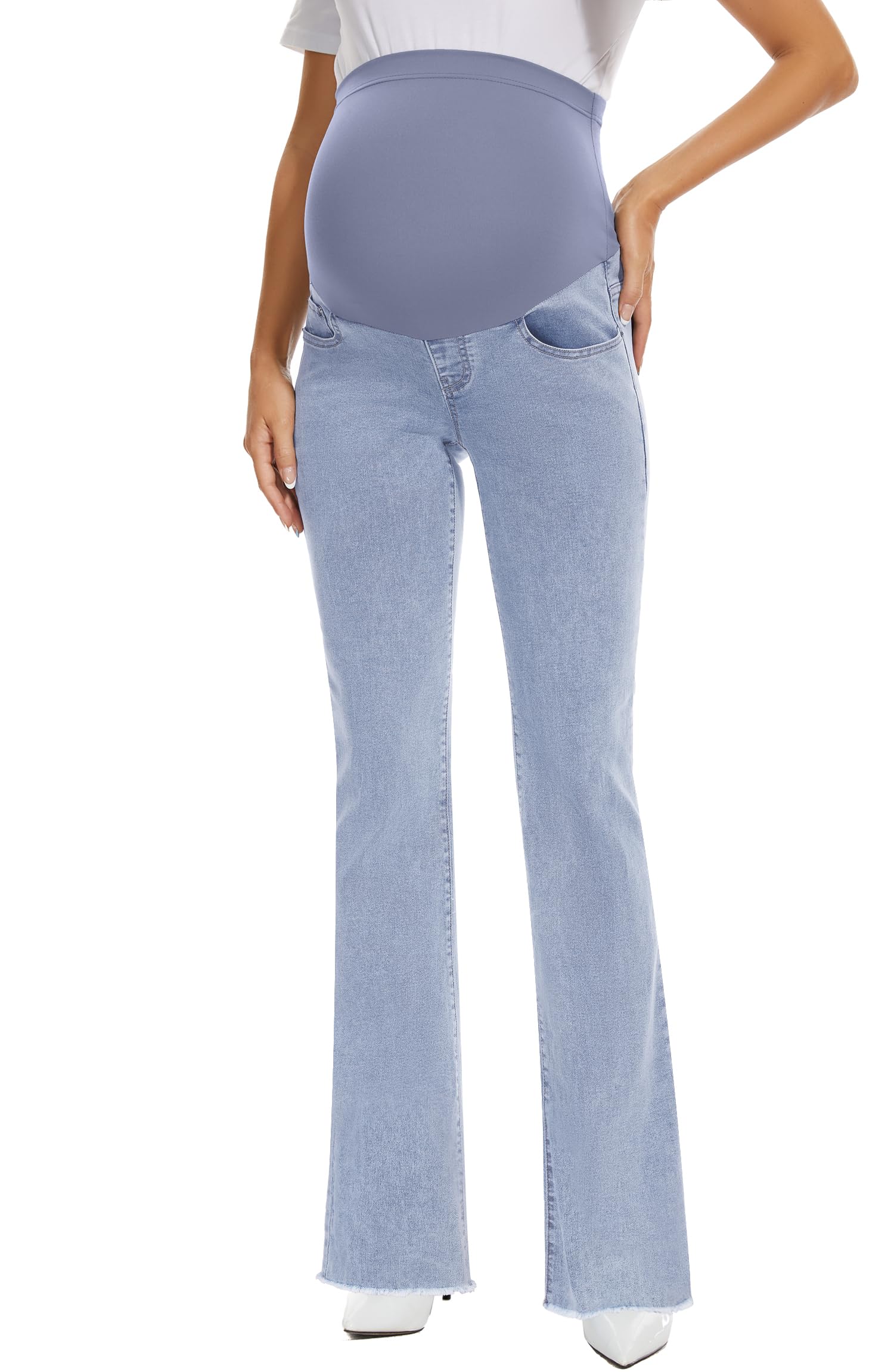 GLAMIX Women's Stretch Maternity Bootcut Jeans with Pockets Over The Belly Bell Bottoms Flare Denim Pants Pregnancy Clothes(Light Blue (Frayed Hem), M)