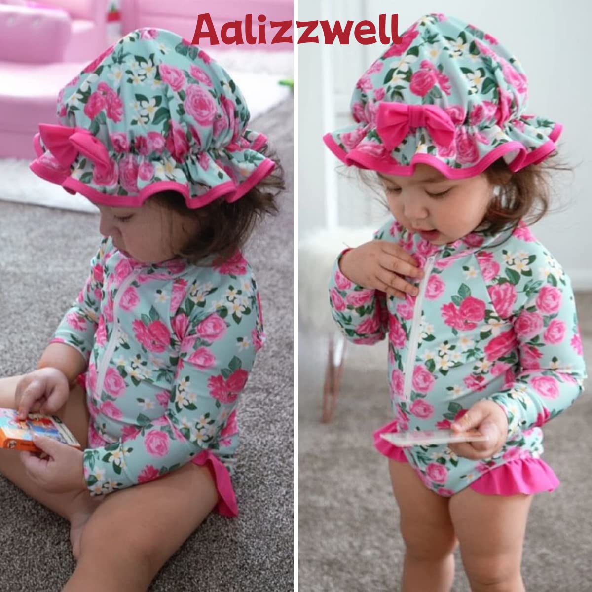 Toddler Baby Girls One Piece Long Sleeve Swimsuit Floral Bathing Suit Zip Up Swimwear Beach Wear 12-18 Months Flower