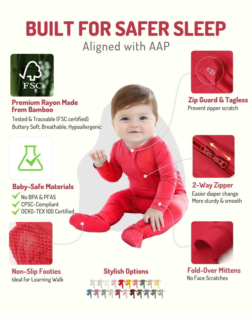 HAPIU Rayon from Bamboo Baby Footed Pajamas, 2 Way Zipper YKK, Footie for Baby Boy Girls, Newborn-24 Months, 2-Pack, Molten Lava & Lemon Grass, 0-3 Months