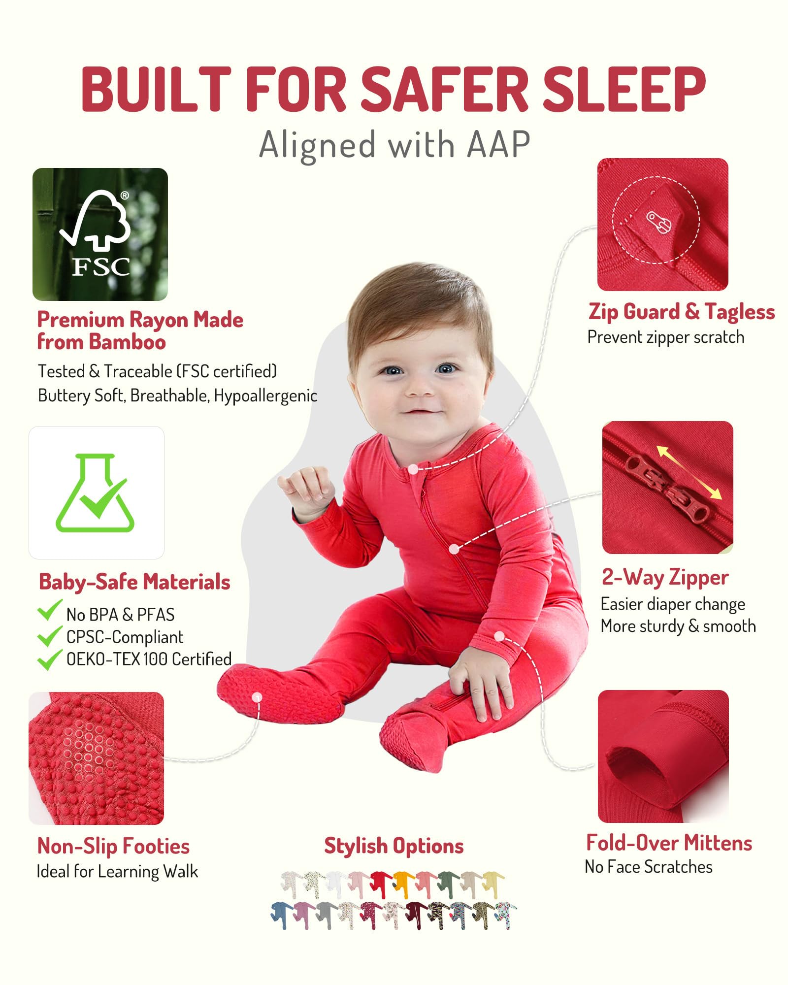 HAPIU Rayon from Bamboo Baby Footed Pajamas, 2 Way Zipper YKK, Footie for Baby Boy Girls, Newborn-24 Months, 2-Pack, Molten Lava & Lemon Grass, 0-3 Months