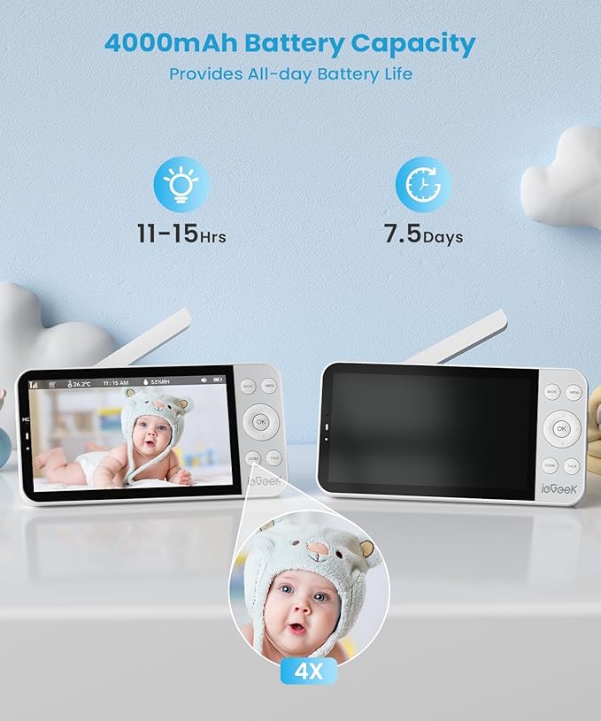 ieGeek 5.5" Baby Monitor,Audio Monitor with 2.5K Ultra HD 2.4G&5Ghz WiFi Camera,Night Light,Face Covering&Cry Detection,Two-Way Talk,Night Vision,Temp&Humidity Sensor,4000mAh Battery,App Control