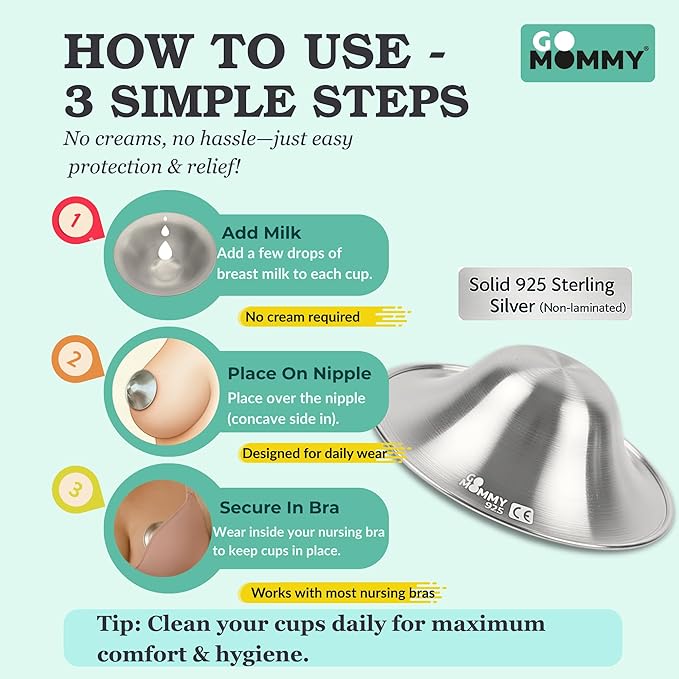 999 Pure Silver Nipple Shields for Breastfeeding Newborn & A Breastfeeding Essential by Go Mommy - Silver Nursing Cups for Sore Nipple Relief, Protects & Heals Cracked Nipples
