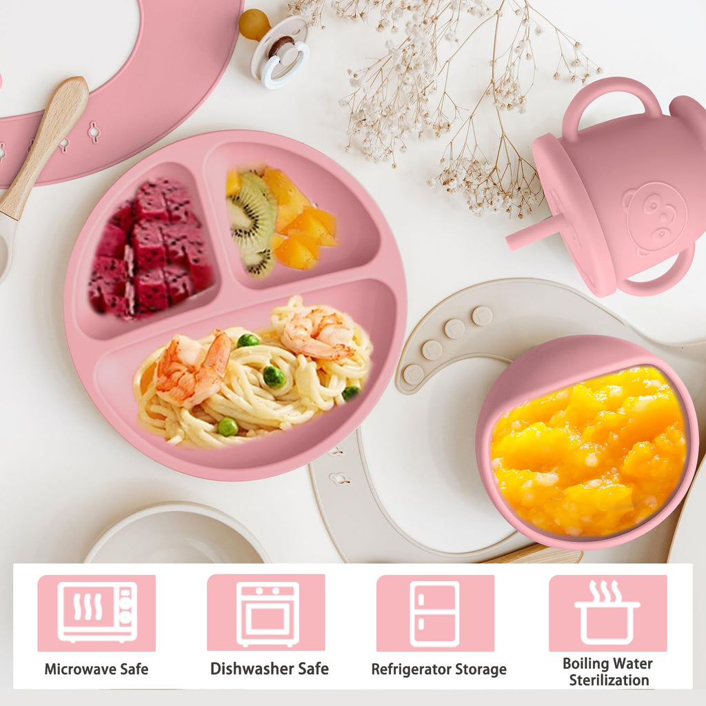 Munlinder Silicone Baby Feeding Set | Baby Led Weaning Supplies Includes Suction Bowls and Divided Plates, Adjustable Bib, Baby Utensils Spoons and Forks,Cup | Baby Feeding Essentials (Pink)