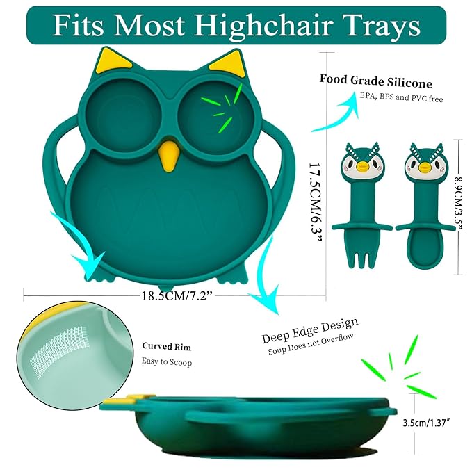 Toddler Silicone Suction Plate with Spoon and Fork, Adjustable Bib, Blue Owl