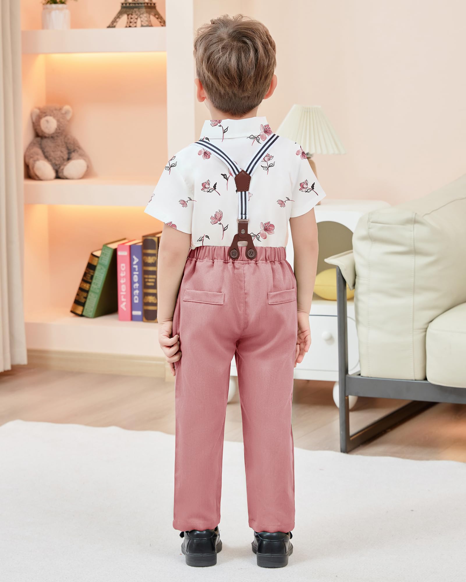 nilikastta Boy Dress Clothes Gentleman Wedding Outfits Pink Short Dress Shirt With Bowtie/Suspender Pants 5-6Years.
