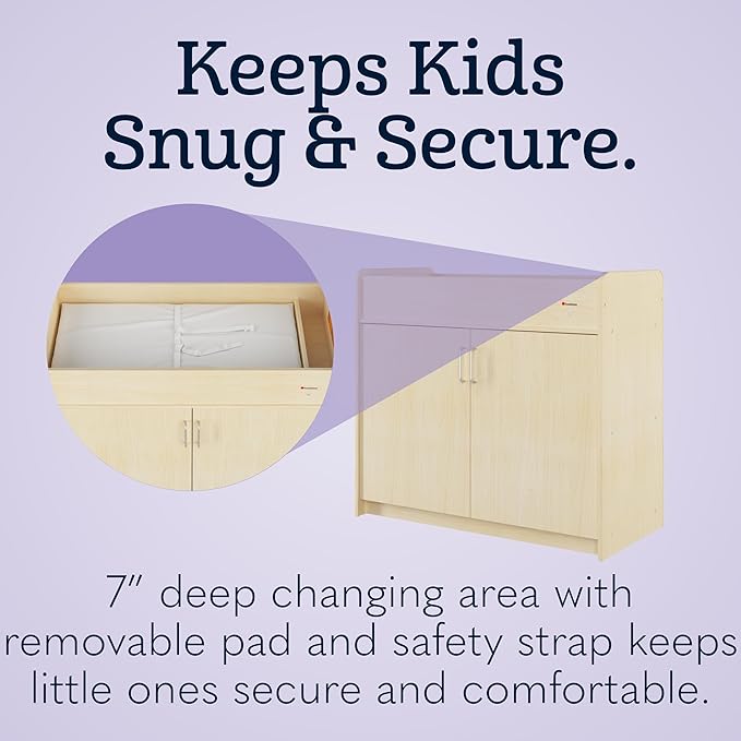 Foundations SafeSwing Daycare Changing Table, Formerly SafetyCraft - Durable Wood Cabinet with 2 Built-in Shelves - Storage w/Soft Close Hinges, Includes Durable Mattress Pad - Natural