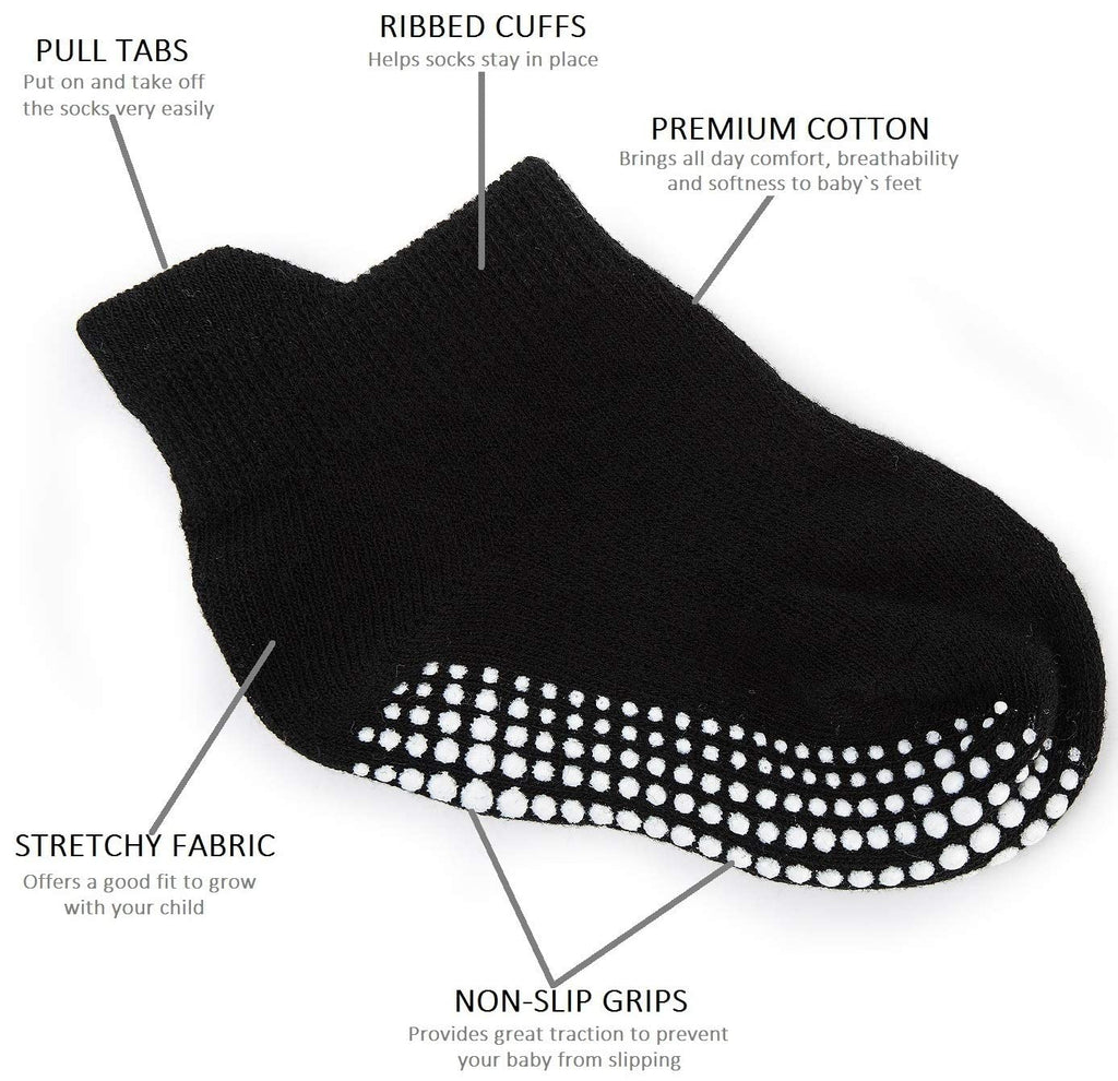 Zaples Baby Non Slip Grip Ankle Socks with Non Skid Soles for Infants Toddlers Kids Boys Girls, Black, 0-6 Months
