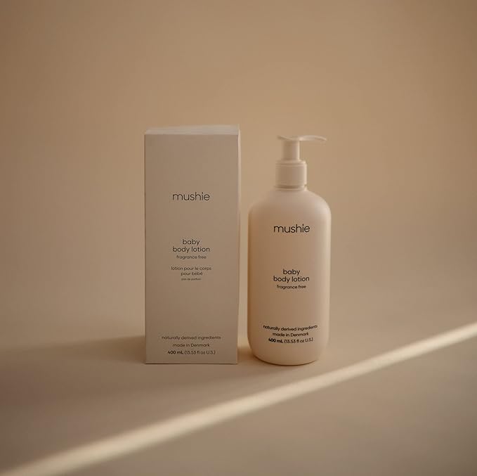 mushie Baby Organic Body Lotion | Moisturize, Soothe, and Hydrates Dry Skin | Made in Denmark, 13.53 fl oz (Fragrance Free)