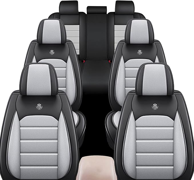 JOJ Car Seat Cover Fit for Toyota Highlander 2001-2025,7 Seat Car Seat Cover,No-Slip Waterproof Breathable Faux Leather Automotive Seat Covers Auto Interior Covers,Full Set,Black Gray