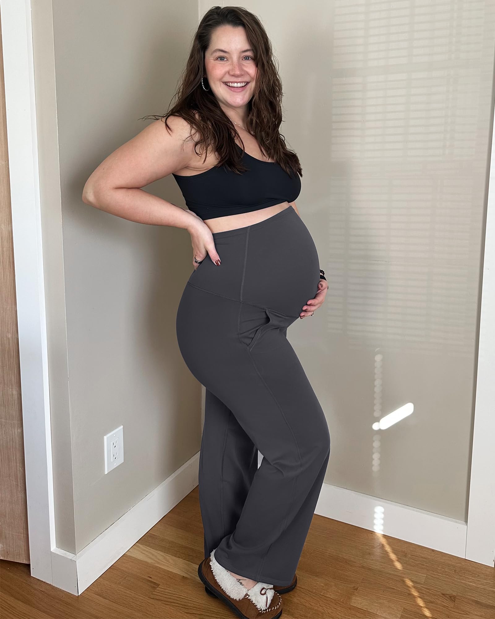 G4Free Maternity Pants Pregnancy Yoga Leggings for Work,Dark Gray,L,Tall