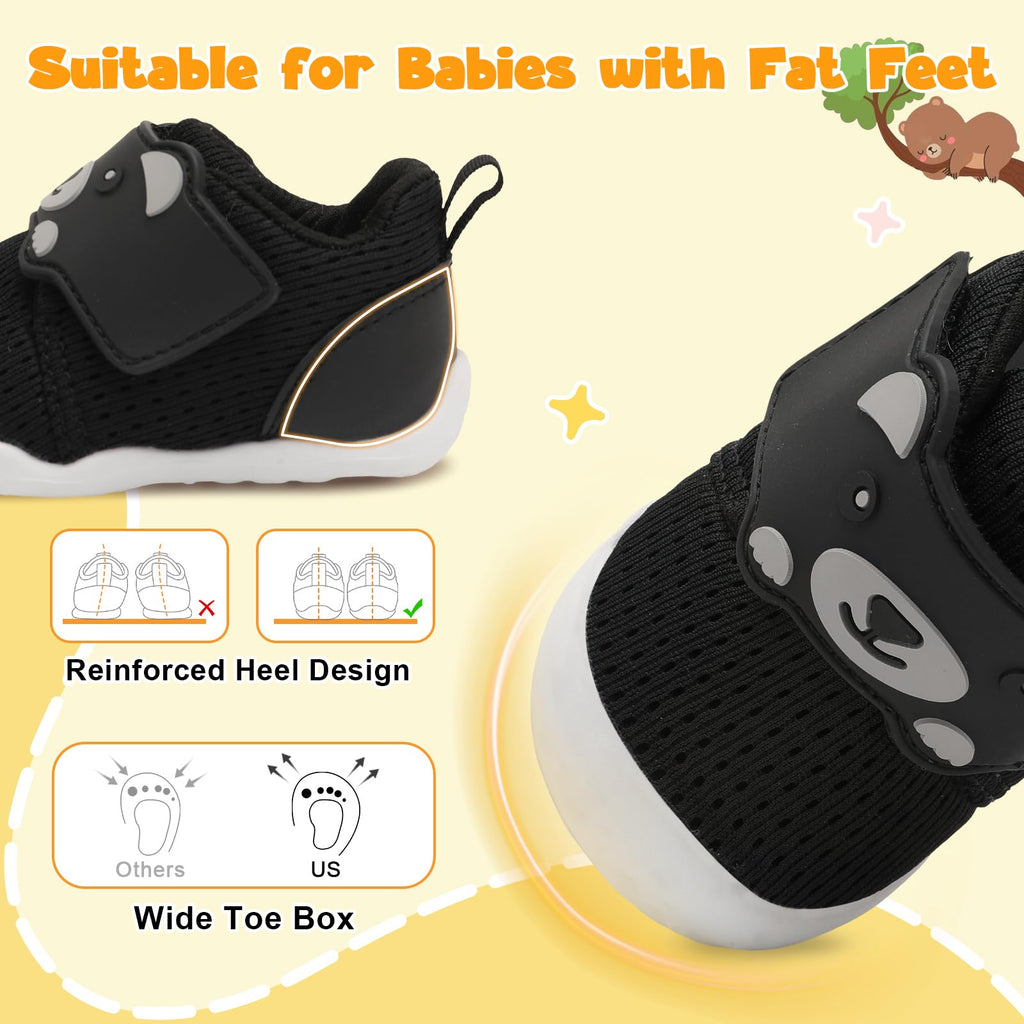 FEETCITY Infant Shoes Boys Girls Wide Baby Walking Shoes Newborn Crib Shoe Baby Slip On Shoe Breathable Toddler Sneakers Bear 2-2.5 Years Black