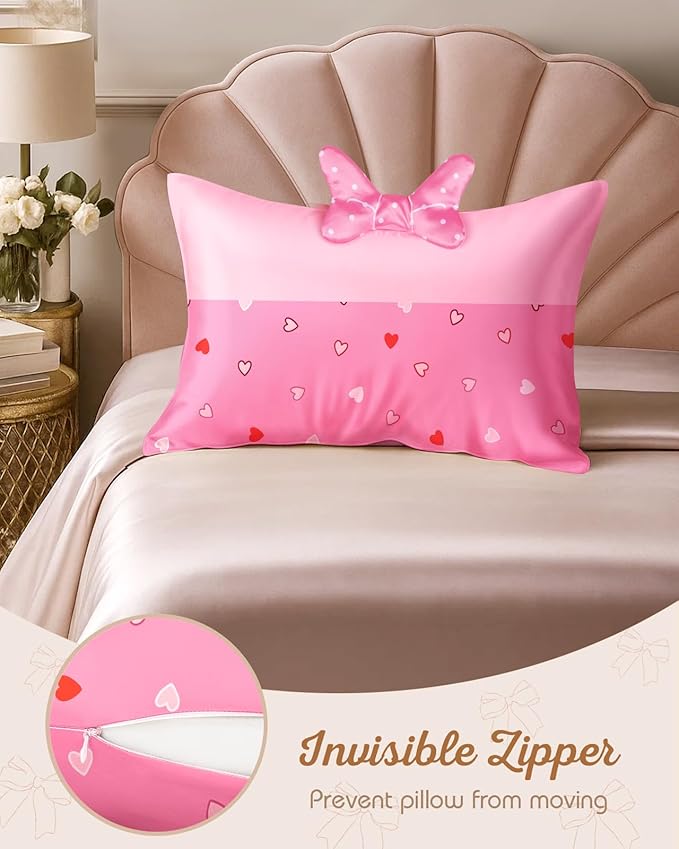 Kids Pillowcases Standard Size 20"x26" - Cute Cartoon Soft Breathable Silk Pillow Cases for Hair and Skin with Hidden Zipper for Women Girls Fun Kawaii Design for Bedding, Point Bow