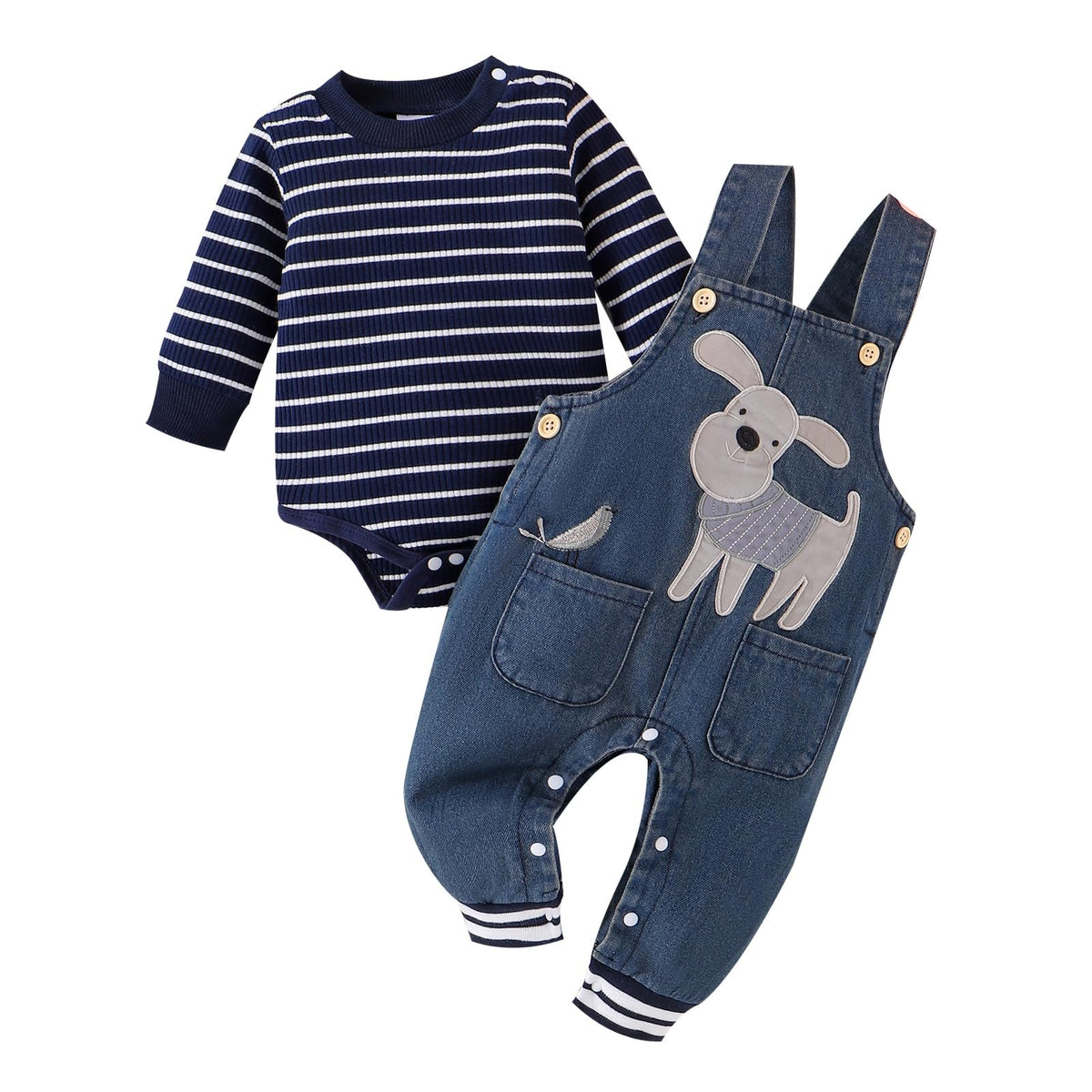 3-6 Month Boy Clothes Baby Fall Winter Newborn Fashion Outfits Infant Long Sleeve Striped Romper Cute Dog Cartoon Button Jeans Overalls Pants Set Blue 3-6 Months