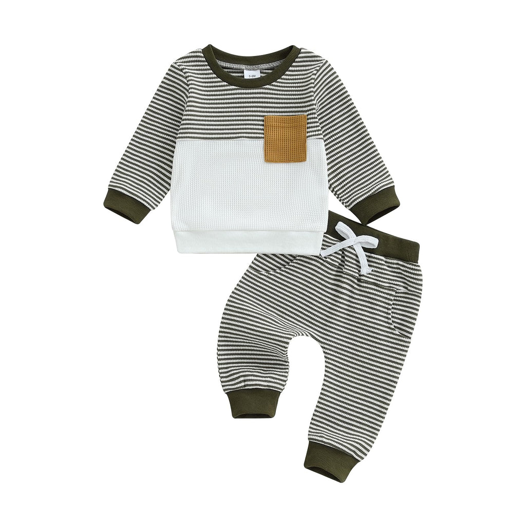 Fufuriprefer Toddler Baby Boy Fall Clothes Waffle outfit Long Sleeve Top Jogger Pant Set (A-Army Green, 0-6 Months)