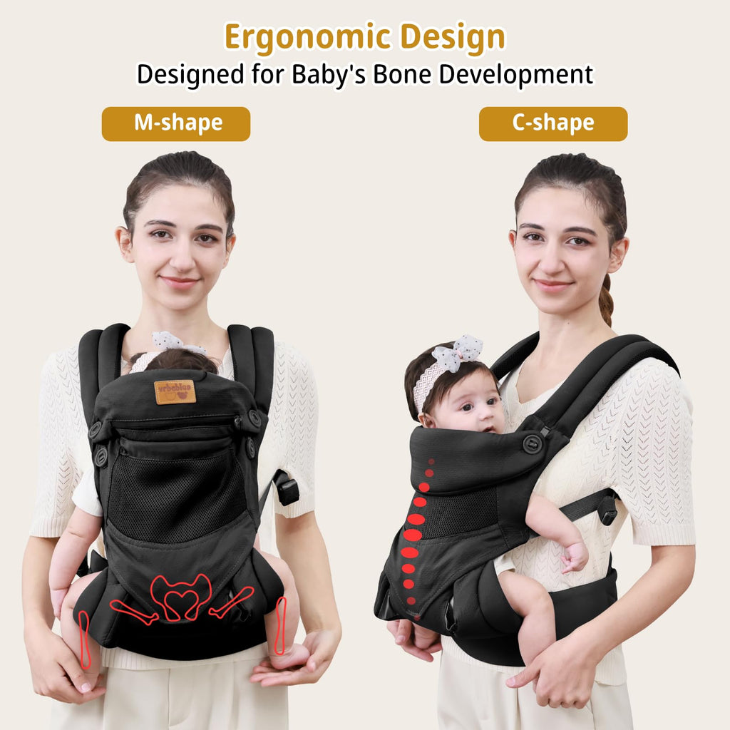 vrbabies Baby Carrier Newborn to Toddler, Ergonomic Safe Soft Breathable Infant Carrier with Adjustable Head Neck Support - Outdoor Kangaroo Front & Back Carry Baby Carriers for Baby 8-40lbs (Black)