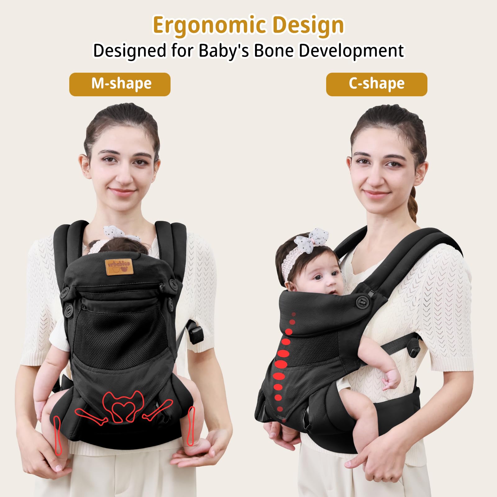 vrbabies Baby Carrier Newborn to Toddler, Ergonomic Safe Soft Breathable Infant Carrier with Adjustable Head Neck Support - Outdoor Kangaroo Front & Back Carry Baby Carriers for Baby 8-40lbs (Black)