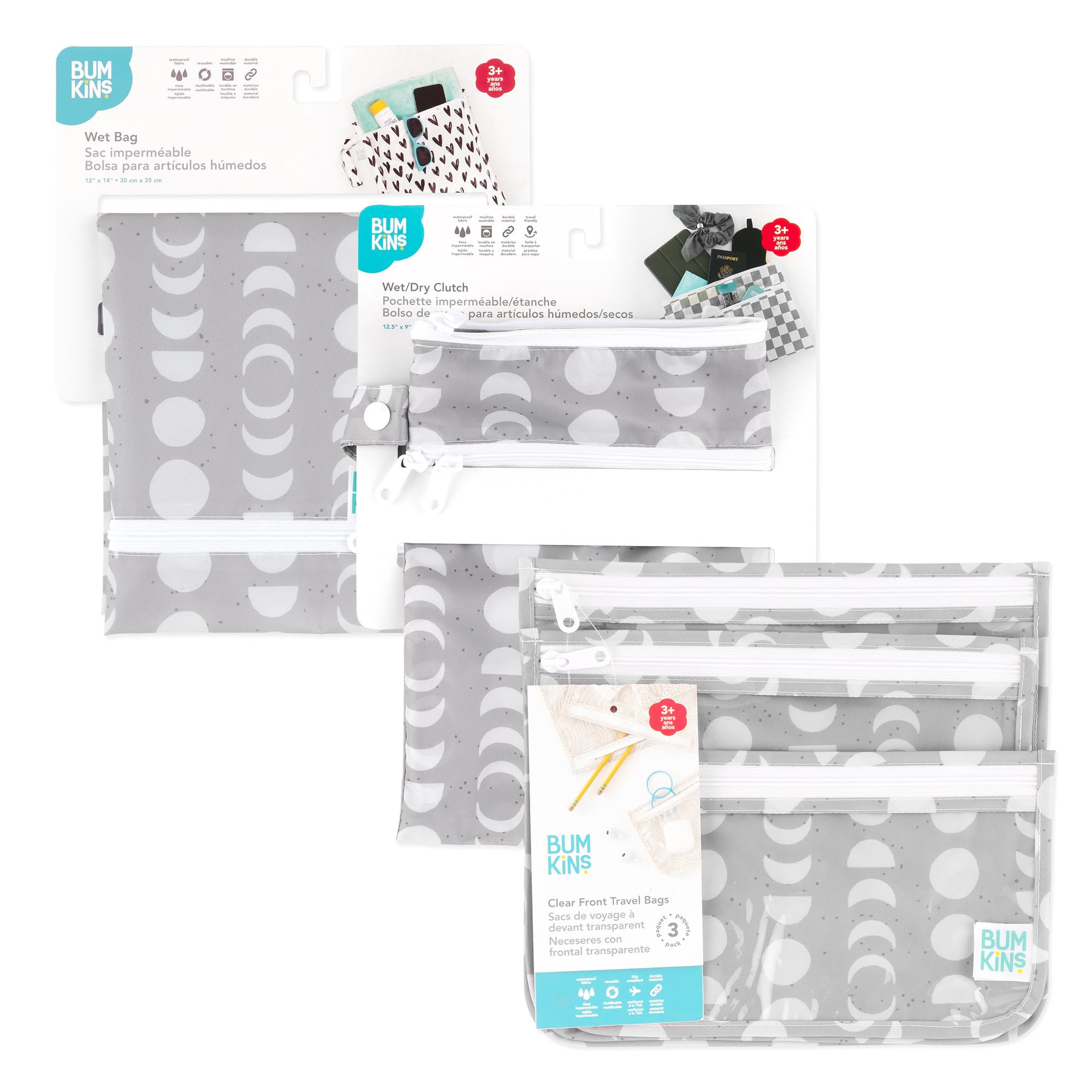 Bumkins - Waterproof Wet Bag, Wet/Dry Clutch & Clear Travel Bags - For Beach, Baby, Travel, Cloth Diapers, Pump Parts, Pool, Gym, Toiletries - Reusable & Easy to Clean - Lunar Gray - 5 Pack
