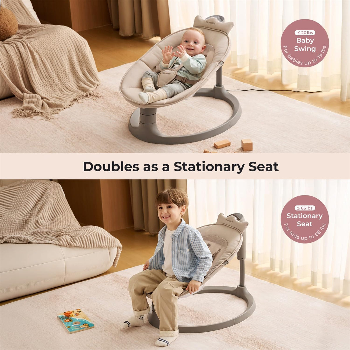 Momcozy 2-in-1 Electric Baby Swing, Dual-Arm Support System, Khaki