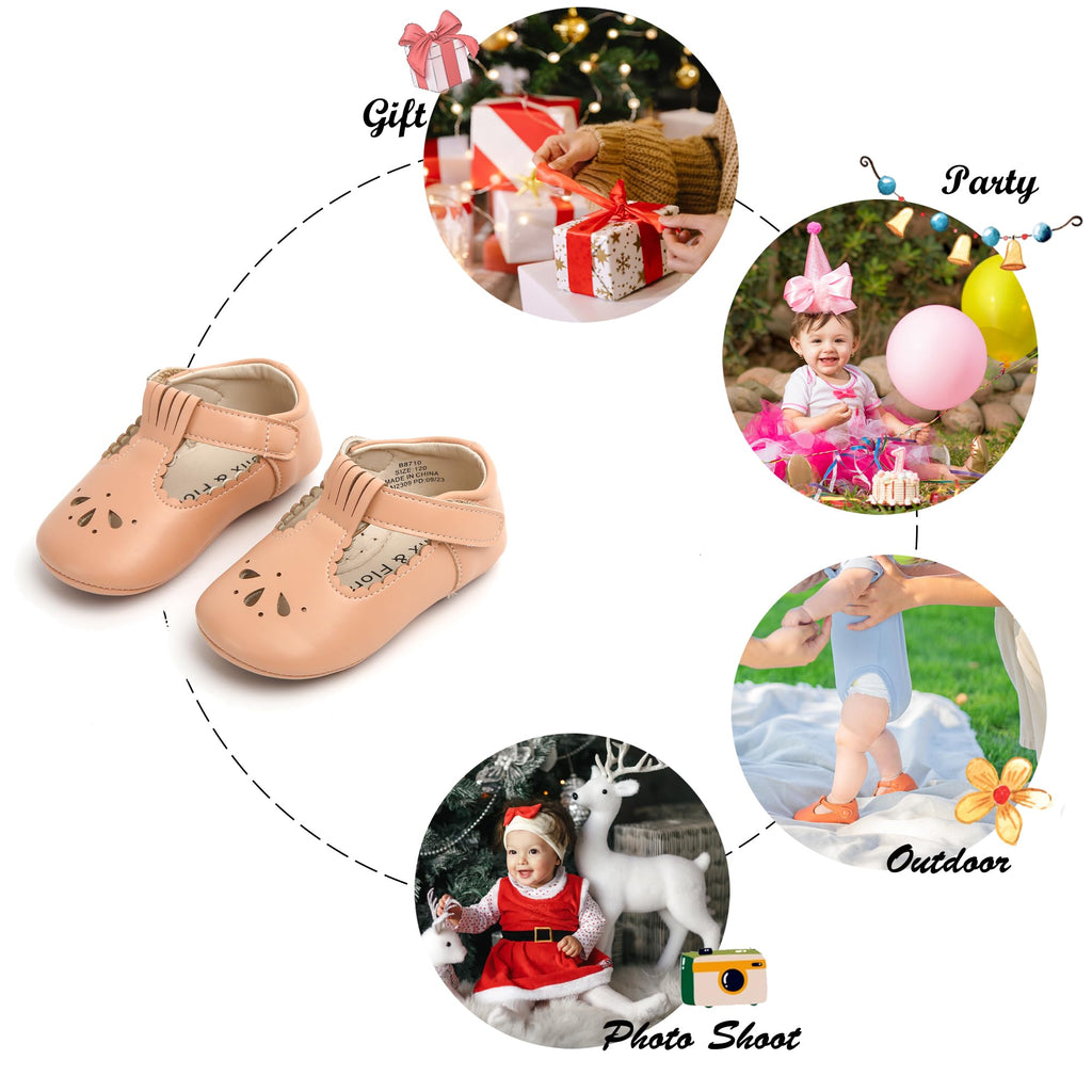 Felix & Flora Soft Sole Nude Baby Dress Shoes - Infant Baby Walking Shoes Moccasins Rubber Sole Crib Shoes(Nude,9-12Months Infant)