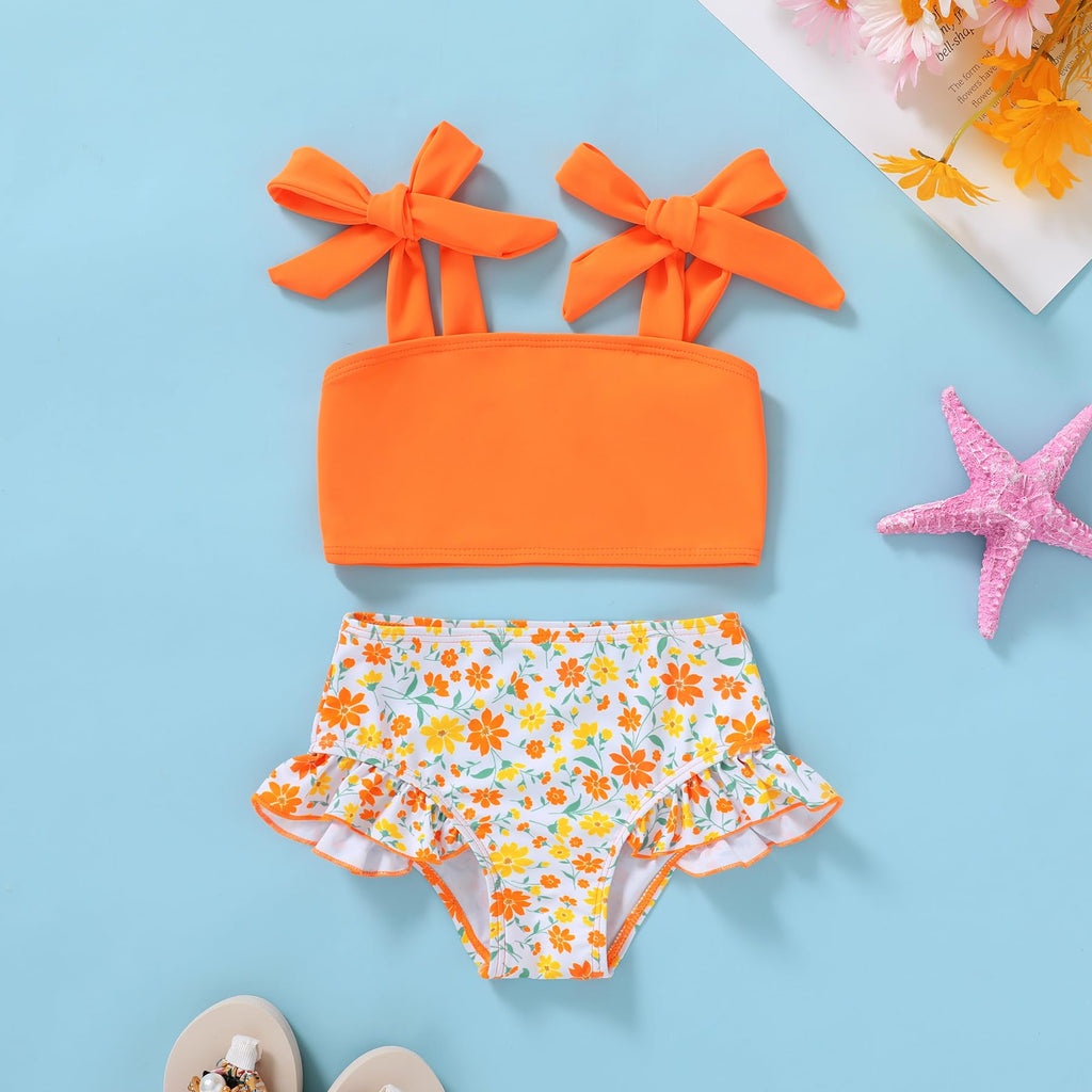 YOUNGER TREE Toddler Girls Two Pieces Swimsuit Color Block Stripe Swimwear Summer Beach Bathing Suit 18M-5T(Yellow#Flower 2-3T)
