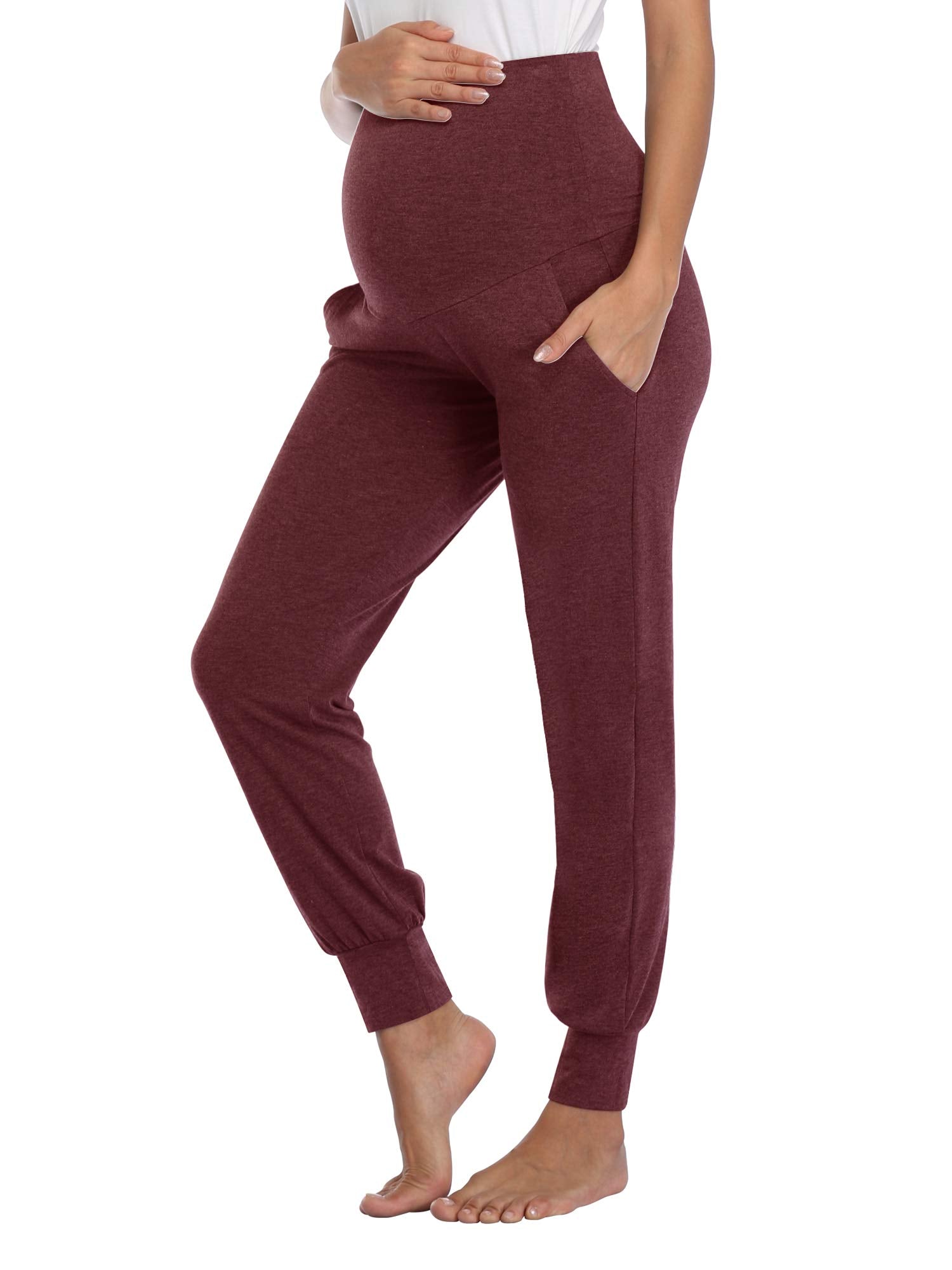 AMPOSH Women's Maternity Pants Stretchy Lounge Workout Sweatpants Casual Loose Comfy Pregnancy Joggers with Pockets(Heather Burgundy, XL)