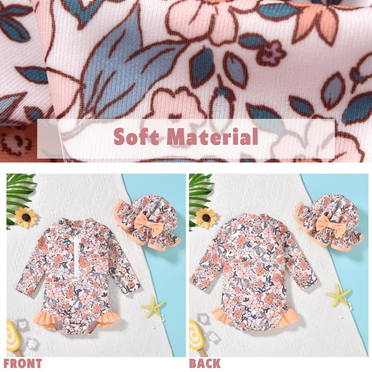 Infant Baby Girls Long Sleeve One Piece Swimsuit Bathing Suit Zip Up Swimwear Beach Wear 3-6 Months Floral