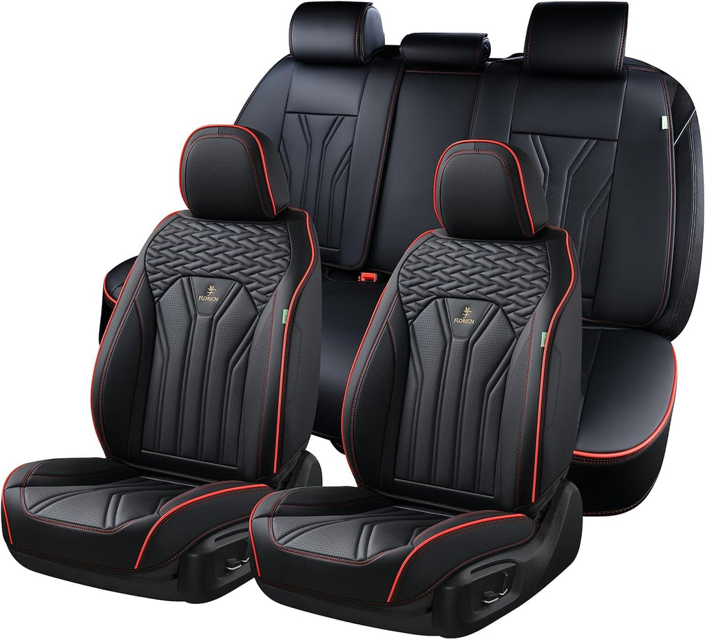 FLORICH Rear Seat Covers Leather Car Seat Covers Waterproof Back Seat Cover Automotive Seat Covers Universal Seat Cushion Protector for Most Cars Trucks SUV-Black&Red Line