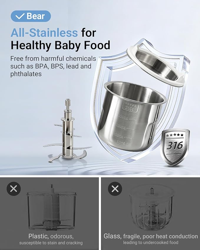 Bear NutriEase AllStage Stainless Steel Baby Food Maker Steamer and Blender, OneStep Baby Food Processor Puree Maker Grinder Mills, Auto Cooking&Grinding for Healthy Homemade Baby Food, BPA-Free