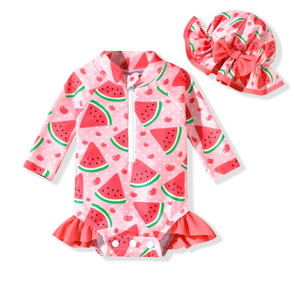 Aalizzwell Infant Baby Girls One Piece Long Sleeve Swimsuit Watermelon Bathing Suit Zip Up Swimwear Beach Wear 3-6 Months Fruit Swimming