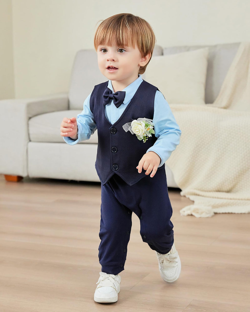 mikiumkee Baby Boy Suit Gentleman Clothes Wedding Outfits Formal Jumpsuit Long Sleeve Romper+Vest Navy Blue 18-24 Months