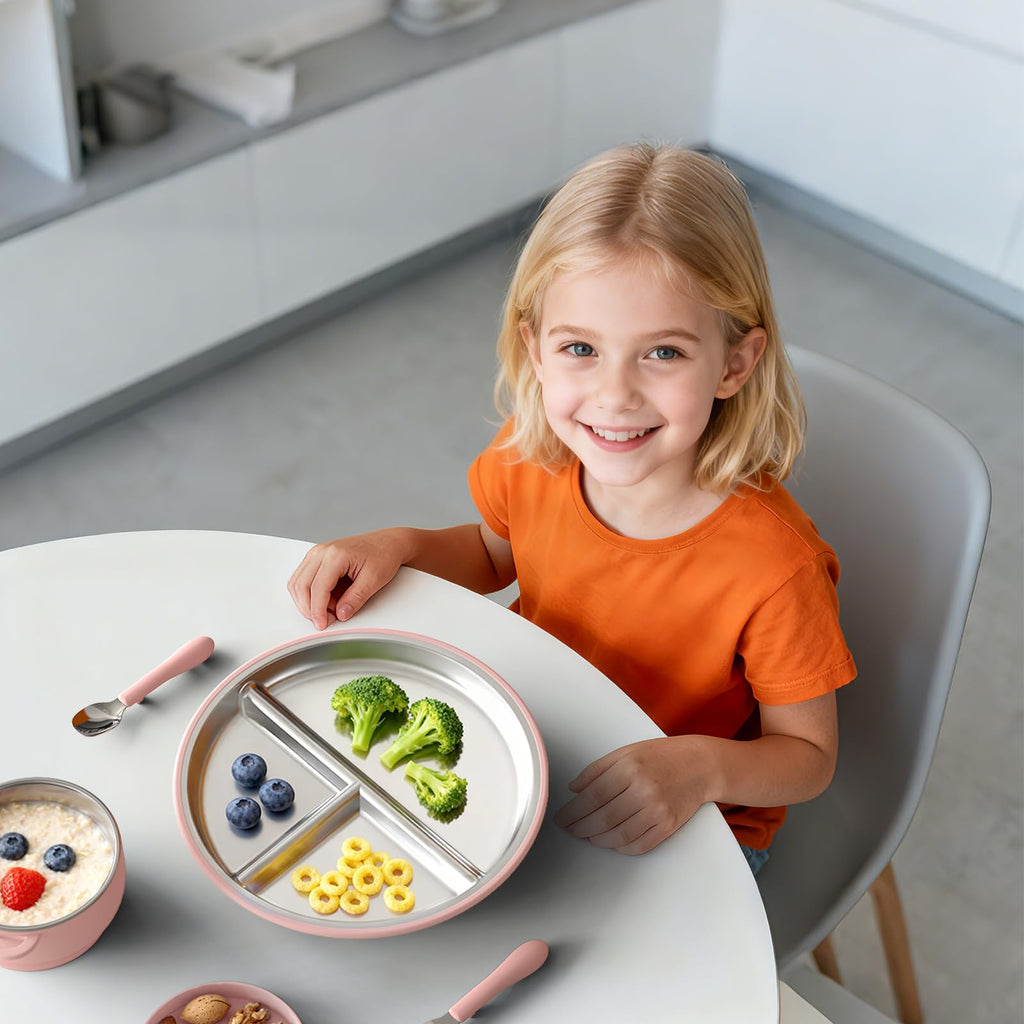 Bakpoco 9" Stainless Steel Divided Toddler Plates with Removable Suction