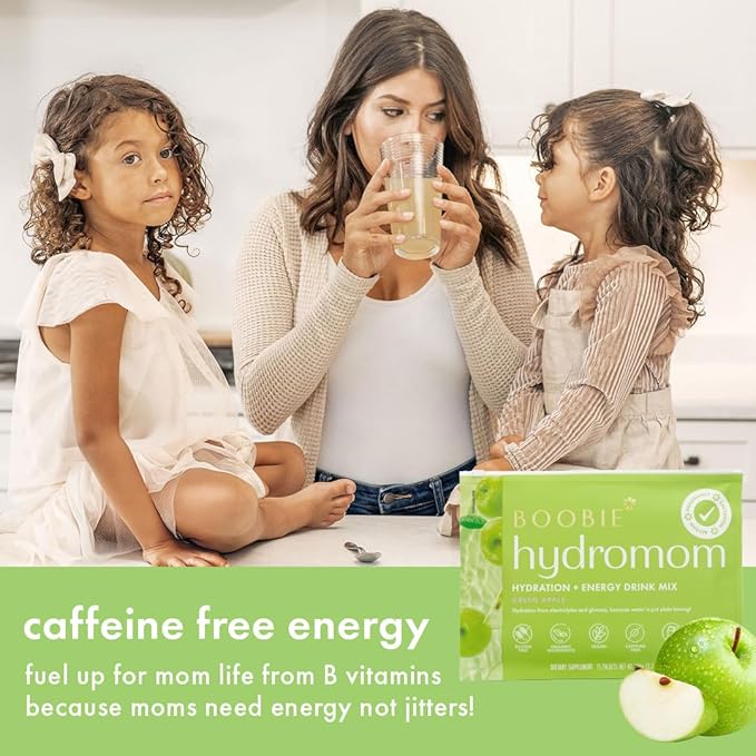 Boobie Hydromom Superfood Electrolyte Drink Mix, Green Apple | Refreshing Energy & Hydration Boost for Mamas | On-The-Go & Travel Essentials for Pregnancy, Lactation, & Beyond, 15 Packets