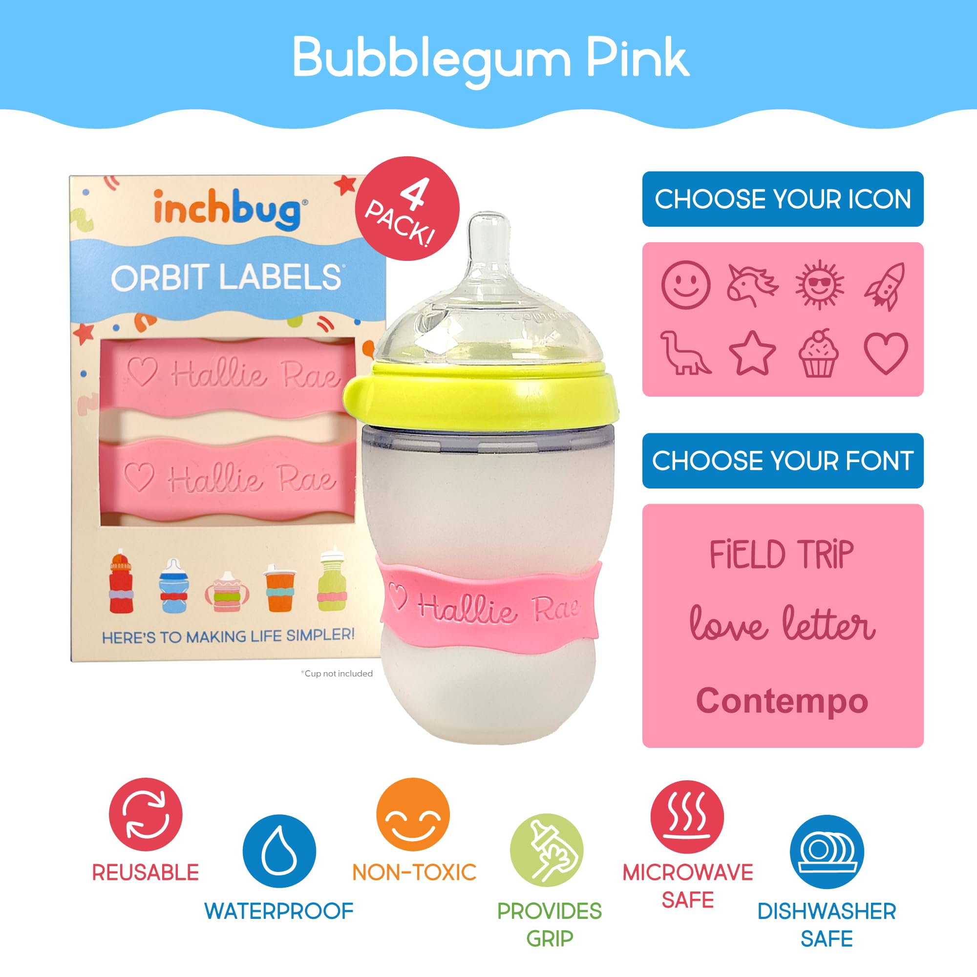 InchBug Orbit Labels Silicone Bottle Bands, 4-Pack, Bubblegum Pink