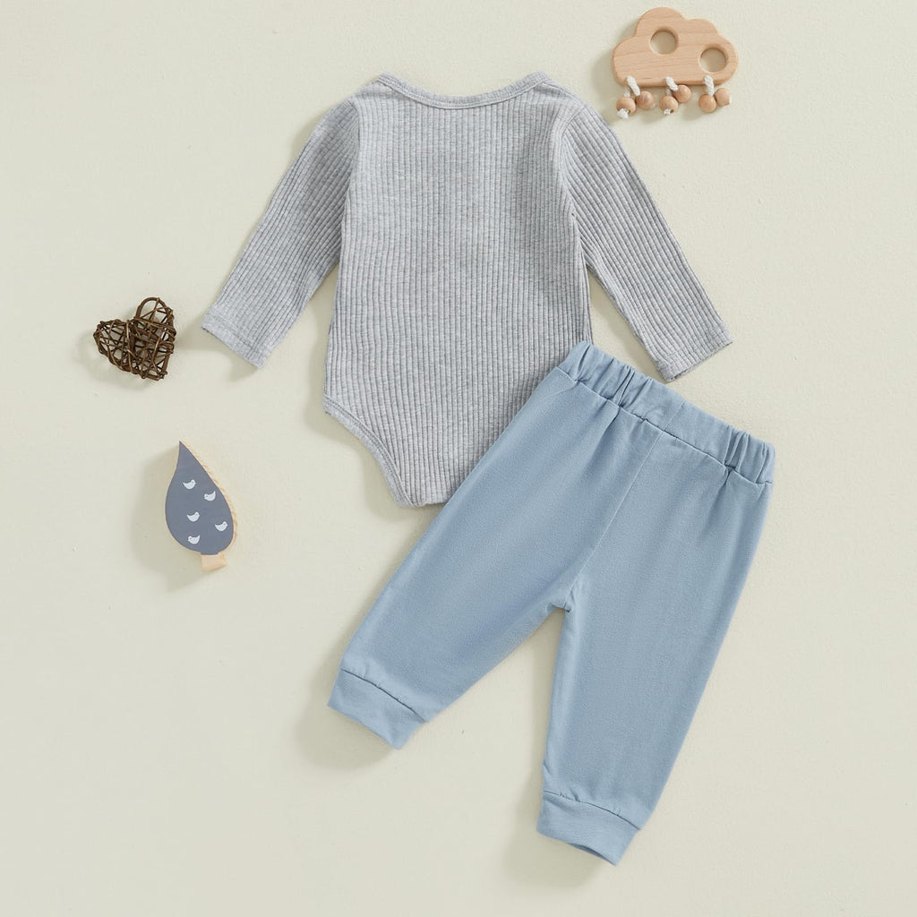fhutpw Baby Boy Clothes 3 6 12 18 Months Ribbed Knitted Long Sleeve Romper and Pants Sets Newborn Fall Splicing Color Outfits (Y Gray & Blue, 0-3 Months)