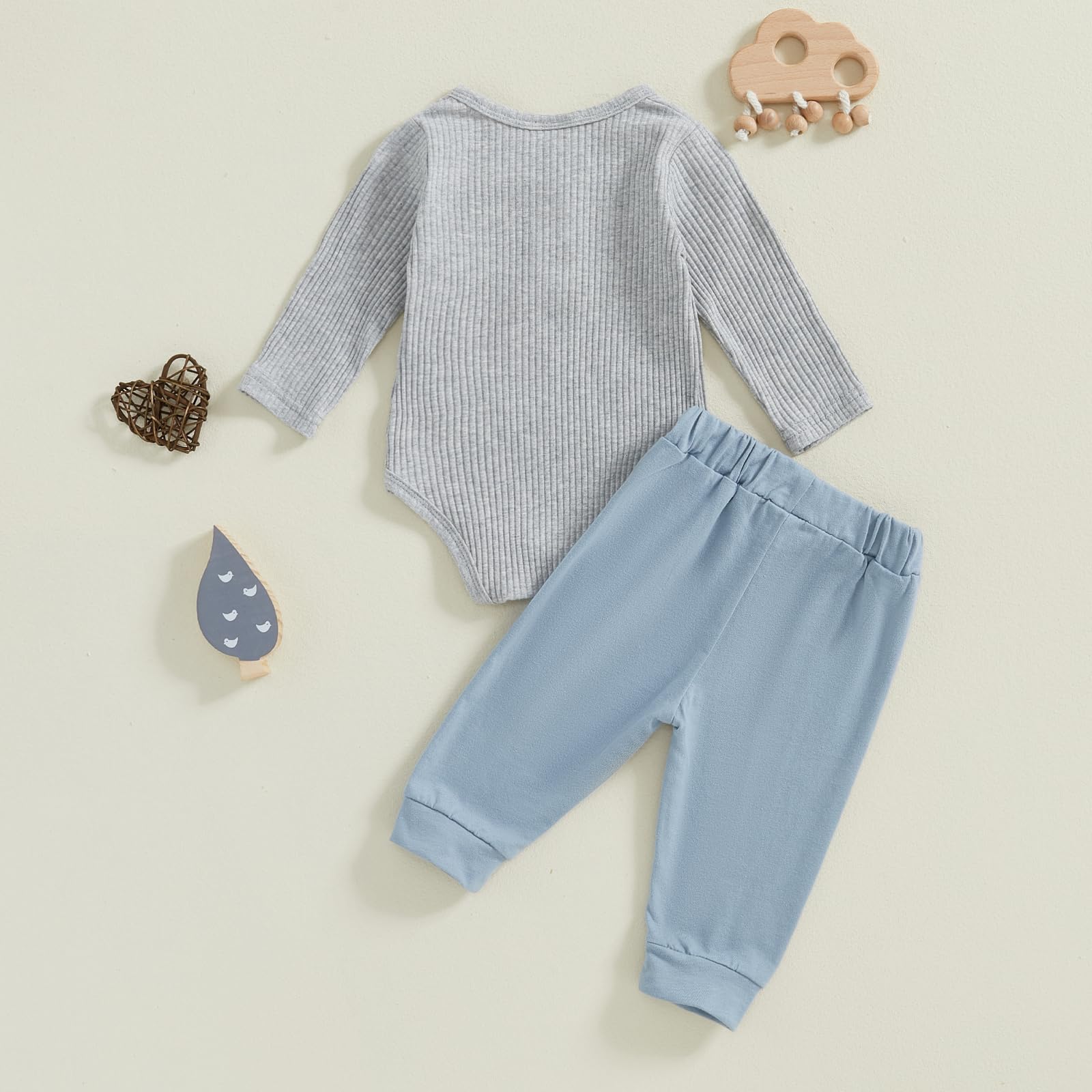 fhutpw Baby Boy Clothes 3 6 12 18 Months Ribbed Knitted Long Sleeve Romper and Pants Sets Newborn Fall Splicing Color Outfits (Y Gray & Blue, 0-3 Months)