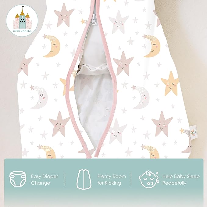 Cute Castle Baby Sleep Sack 18-24 Months - Lightweight 100% Cotton 2-Way Zipper TOG 0.5 Infant Wearable Blanket, Newborn Essentials Toddler Sleep Clothes, 3 Pack(Pink, Moon, Stars)