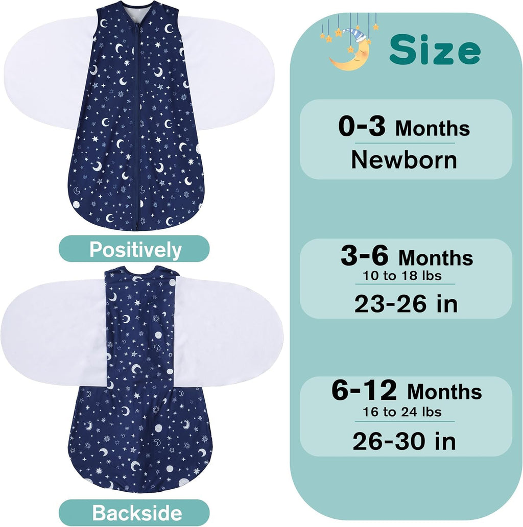 BSTOPPT Newborn Sleep Sack Baby Swaddle,0-3 Months,3-Way Adjustable Wearable Blanket,100% Rayon Cotton Swaddling sleeping bag，TOG 0.5（Clouds&Starry Sky）
