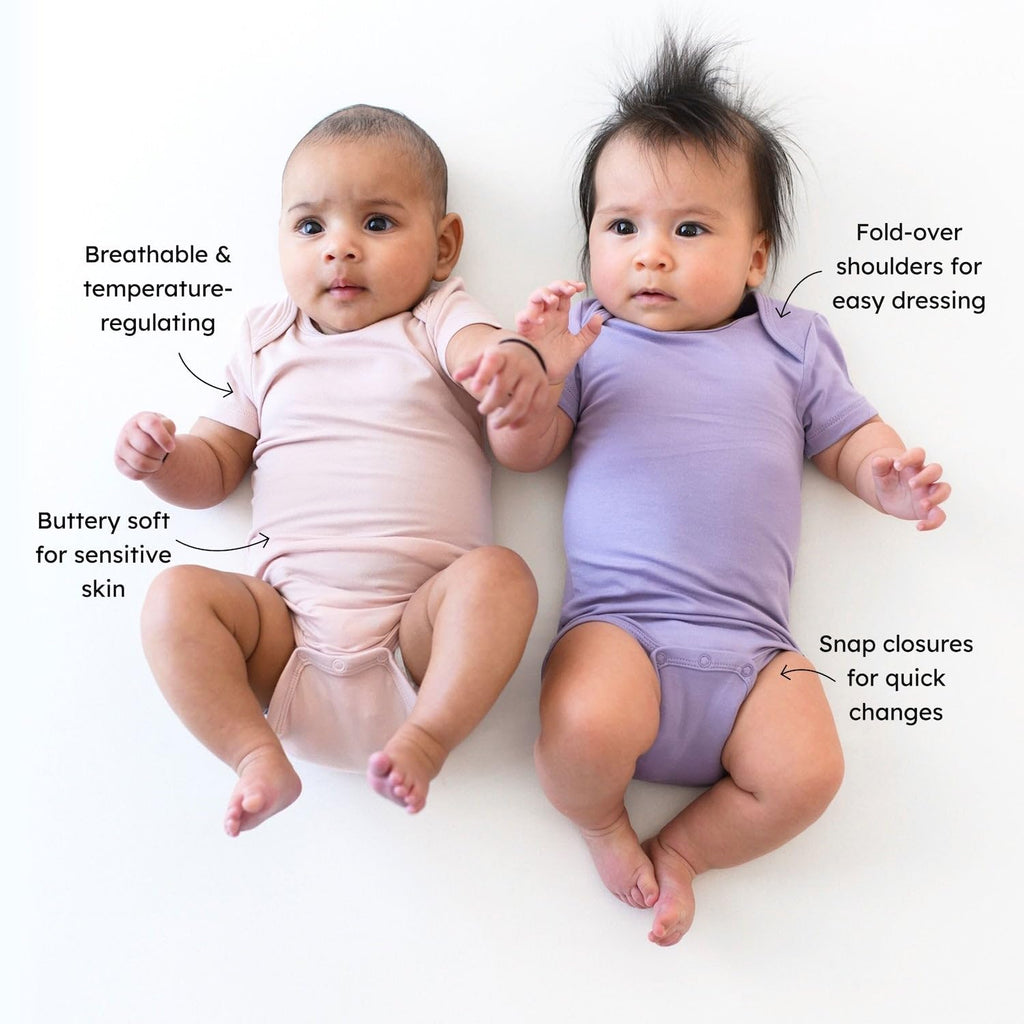 KYTE BABY Unisex Bodysuits, 2-Pack Short Sleeve Baby Bodysuits, 97% Rayon made from Bamboo, 3% Spandex (0-3 Months, Blush + Taro)
