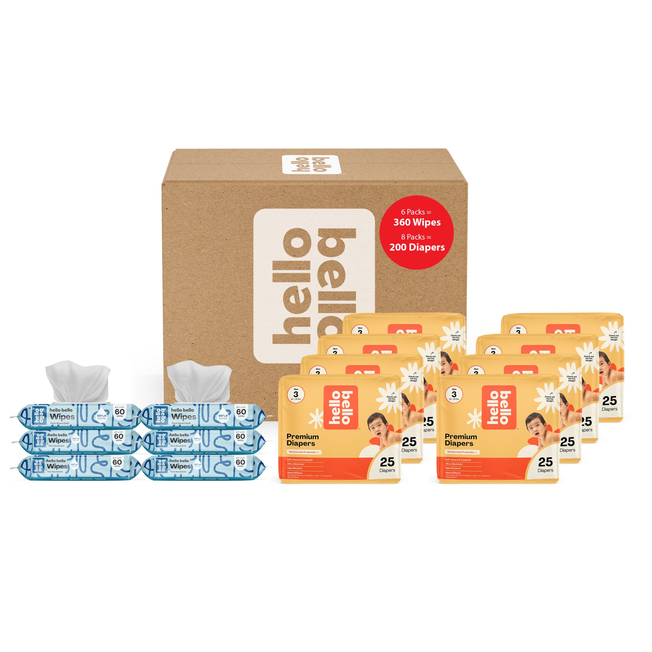 Hello Bello Mega Surprise Pack, Size 3 (14-24 lbs), 200ct Hypoallergenic Assorted Diapers with a Soft, Cloth-Like Feel Plus 360 Ultra Gentle Unscented Baby Wipes in 6 Resealable Packs