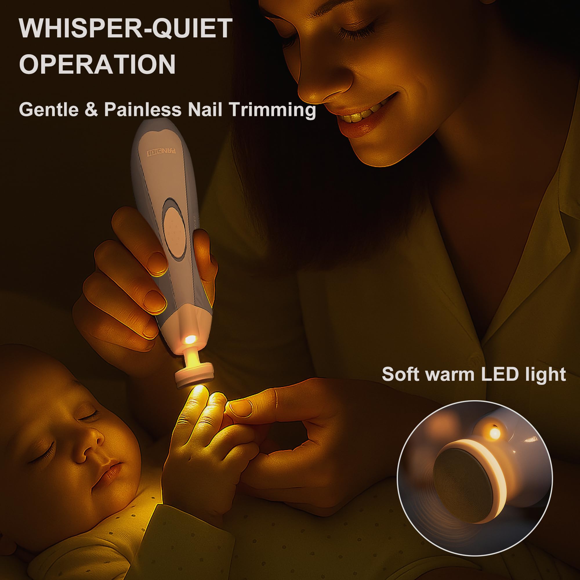 Fansidi Baby Nail Trimmer Electric, Easy & Safe Nail File for Newborn to Toddler, Whisper-Quiet Nighttime Use, Precise 4-Stage Grinding Heads, LED Light, 18-Pcs Kit, Dreamy Sky Blue, Baby Shower Gift