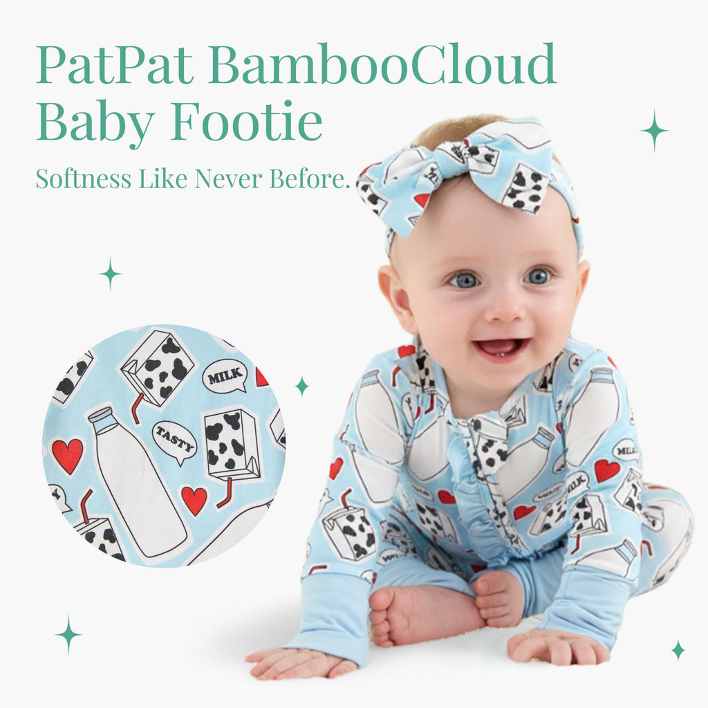 PATPAT Baby Girl Infant Clothes Footie – Soft Viscose from Bamboo, Stretch Feel – 2-Way Ruffled Zipper, Fold-Over Mittens & Cuffs Sweet Milks Newborn
