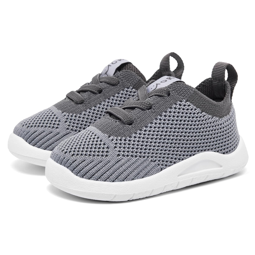 MORENDL Toddler Shoes Baby Walking Sock Shoes Infant Sneakers Boy Girl Barefoot Tennis Shoe Non-Slip Brethable Dark Grey Size 8